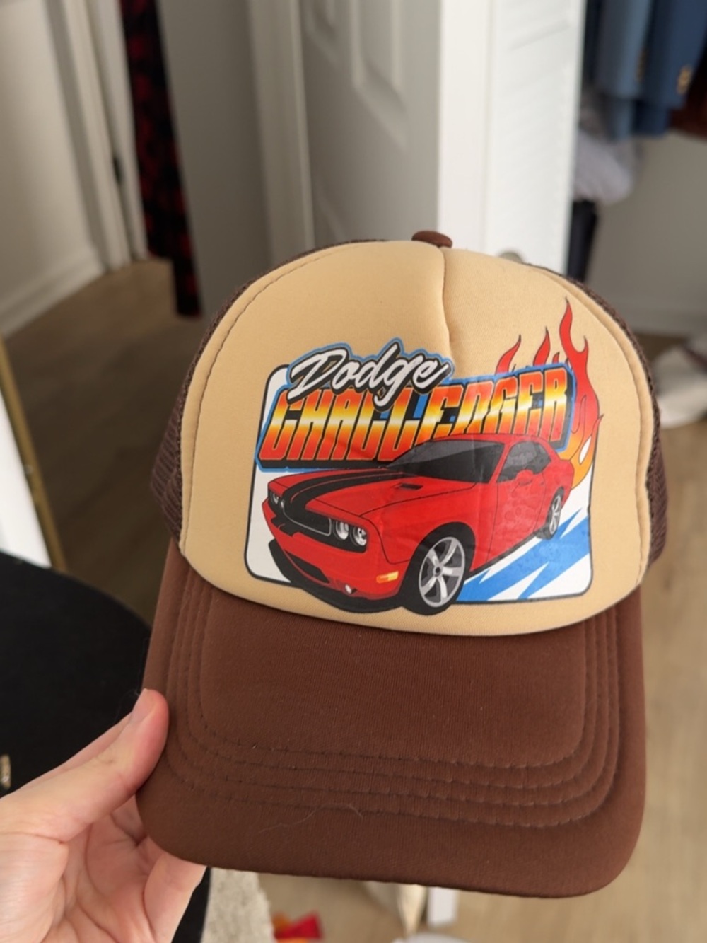 Dodge Challenger Graphic Trucker Hat - Brown/Tan with Red Car
